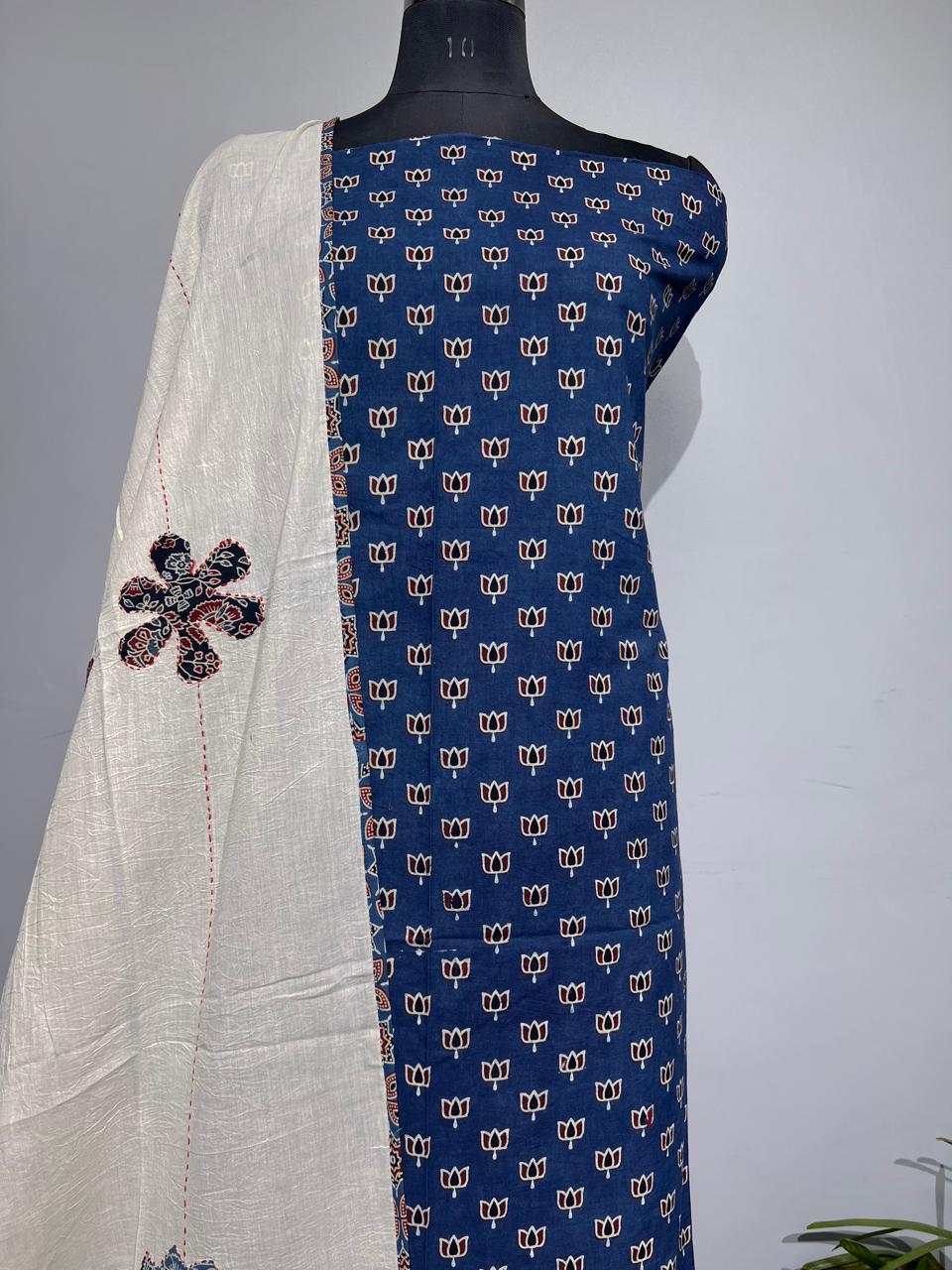 Pure Cotton Azrakh Print Unstitched suit With Dupatta.