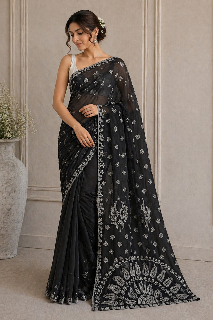 Pure Chiffon Chikankari Half Jaal Work Hand Embroidery Saree with Blouse