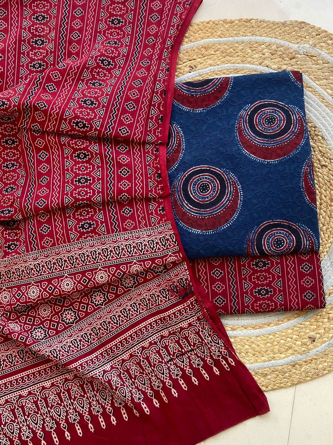 Pure Cotton Azrakh Print Unstitched Suit With  Mul cotton Duppatta
