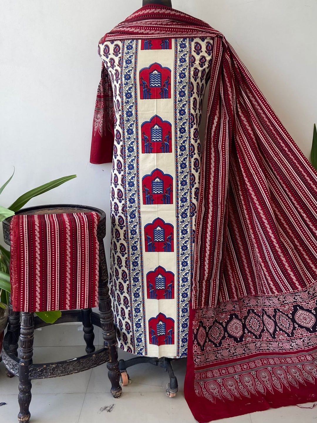 Pure Cotton Azrakh Print Unstitched Suit With  cotton Duppatta