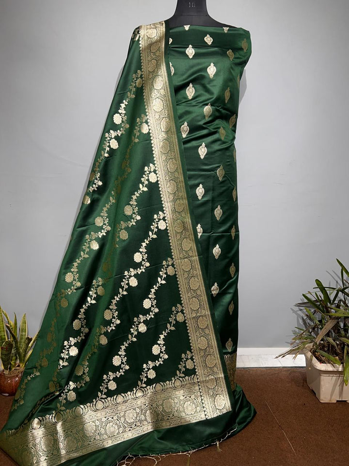 Pure Banarasi Satin Silk Zari Work Unstitched Suit With Jaal Work Dupatta.