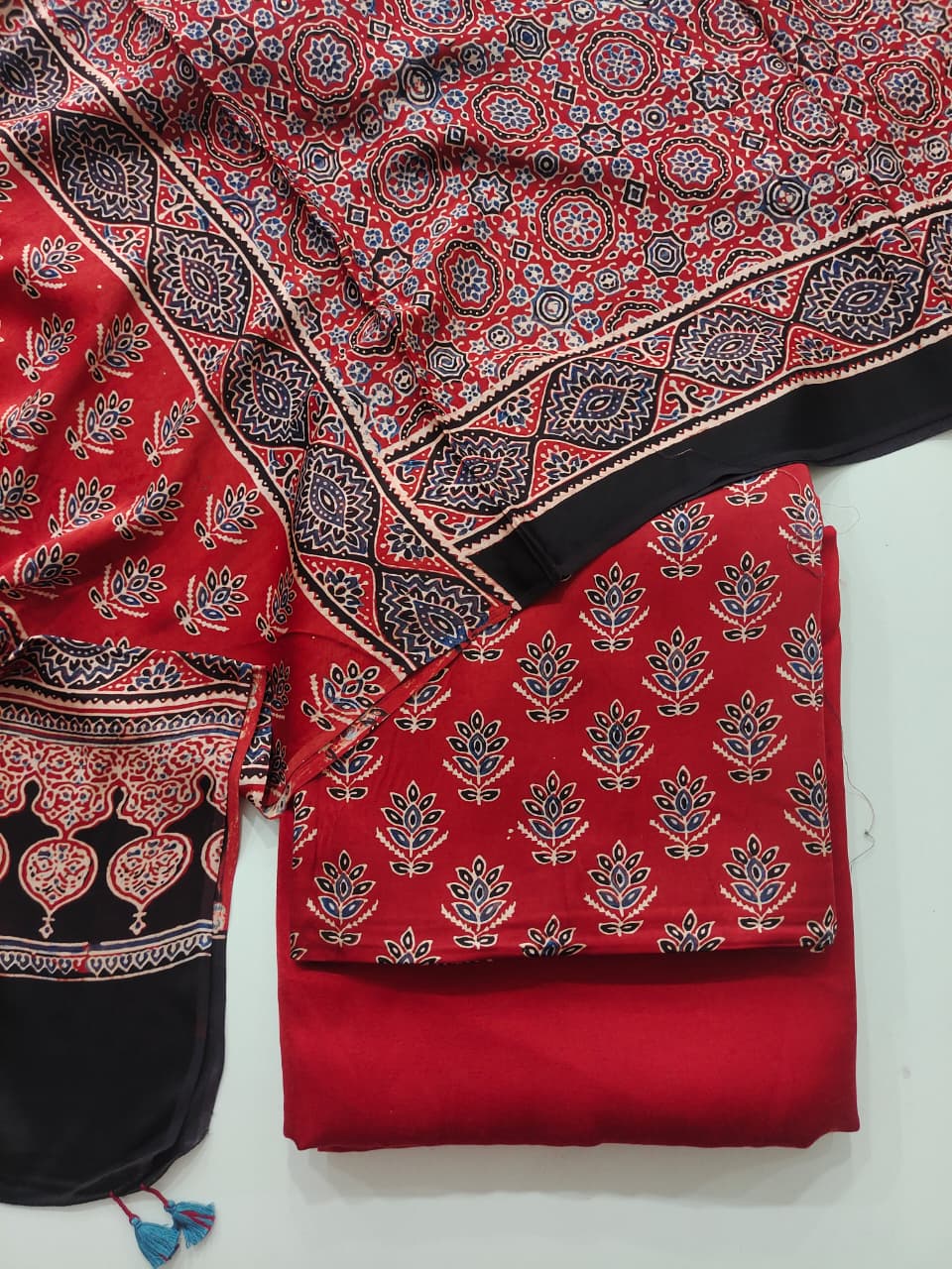 Pure Modal Silk Ajrakh Hand Block  3pc Unstitched Suit