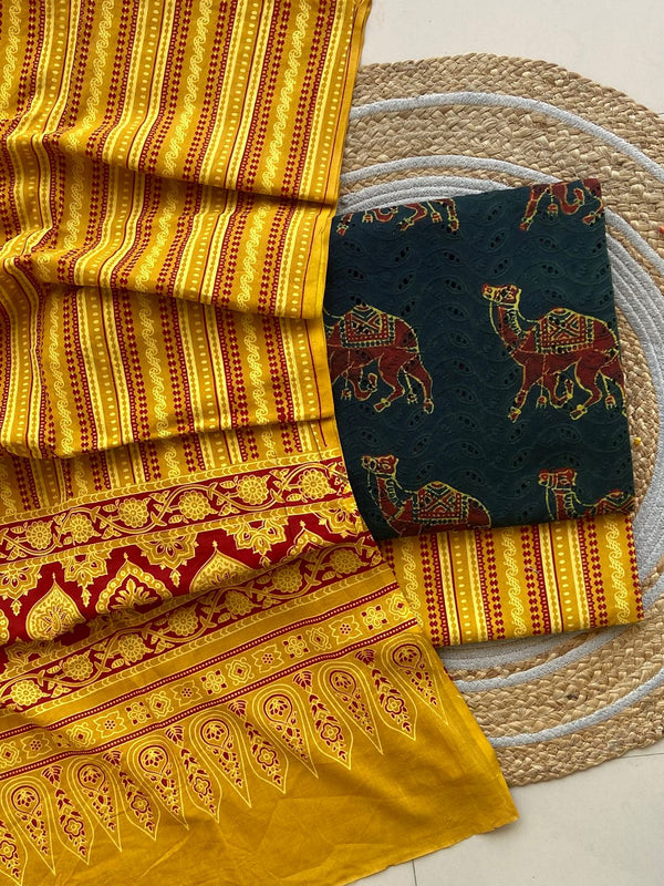 Pure Cotton Azrakh Print Unstitched Suit With  mul cotton  Duppatta