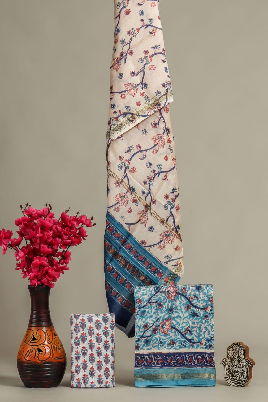 Pure Maheshwari Silk Hand block print Unstitched Suit.