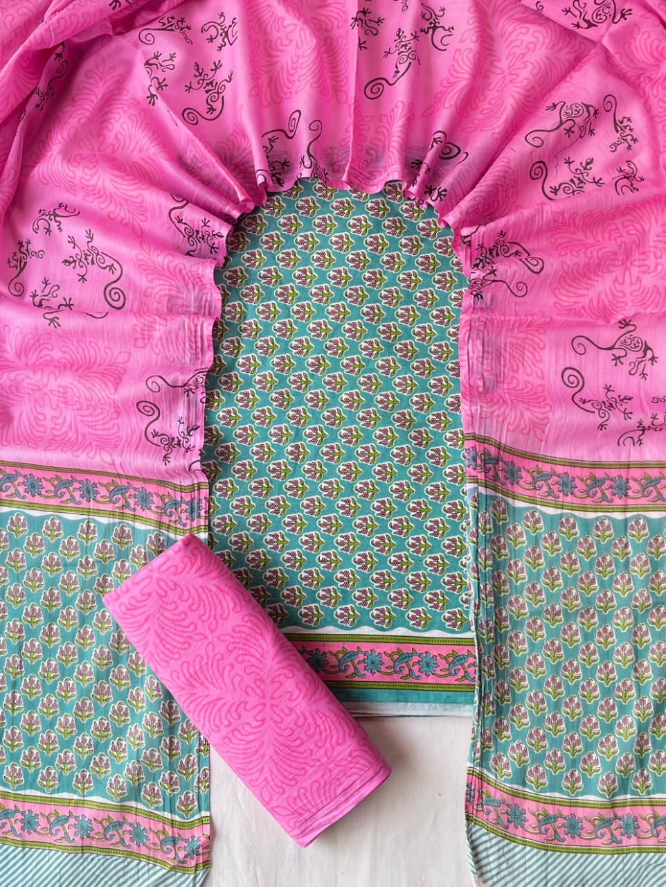 Pure Cotton Hand Block Print Unstitched Suit With Cotton Dupatta