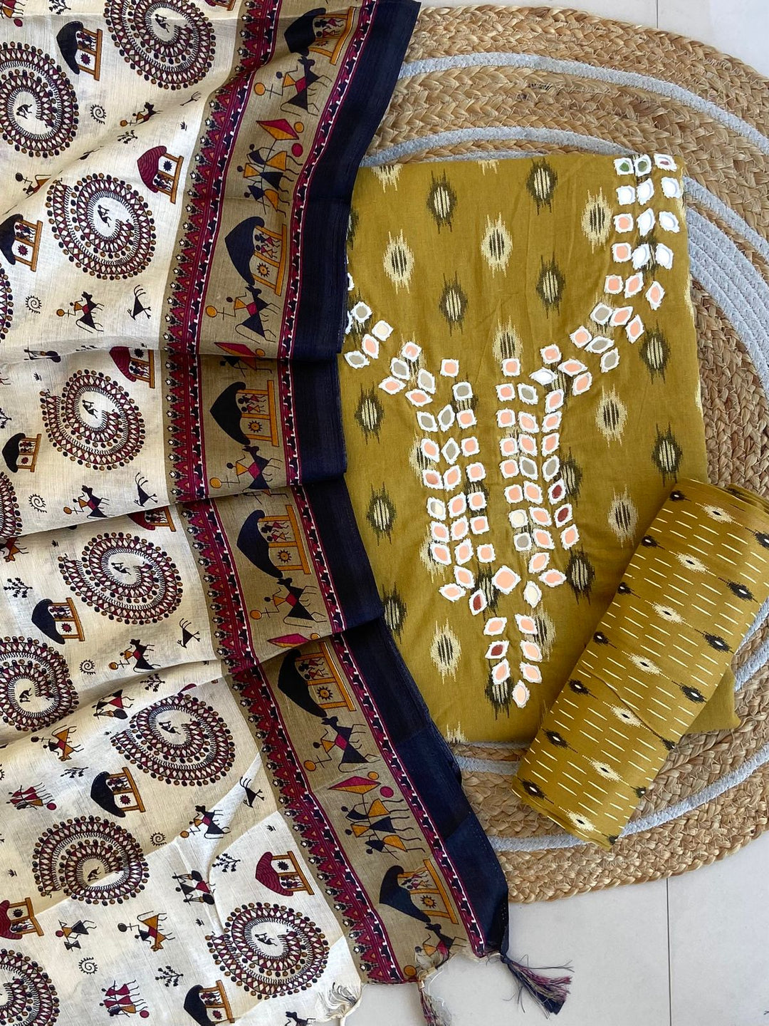 Pure Cotton Azrakh Print Unstitched Suit With Dola Silk Printed Dupatta