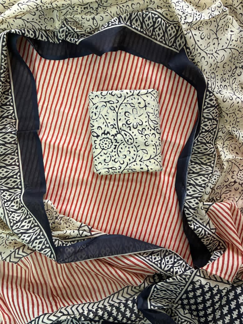 Pure Cotton Hand Block Print Unstitched Suit With Cotton  Dupatta .