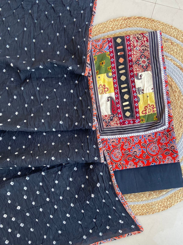 Pure Cotton Azrakh Print Unstitched Suit With Heavy Mirror Work