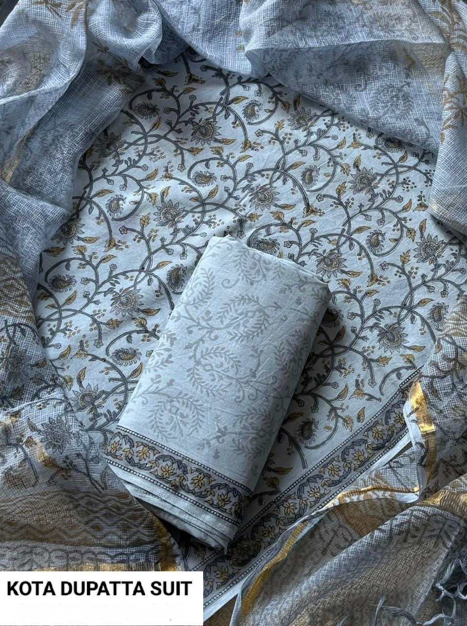 Pure Cotton Hand block print Unstitched Suit with Kota Dupatta