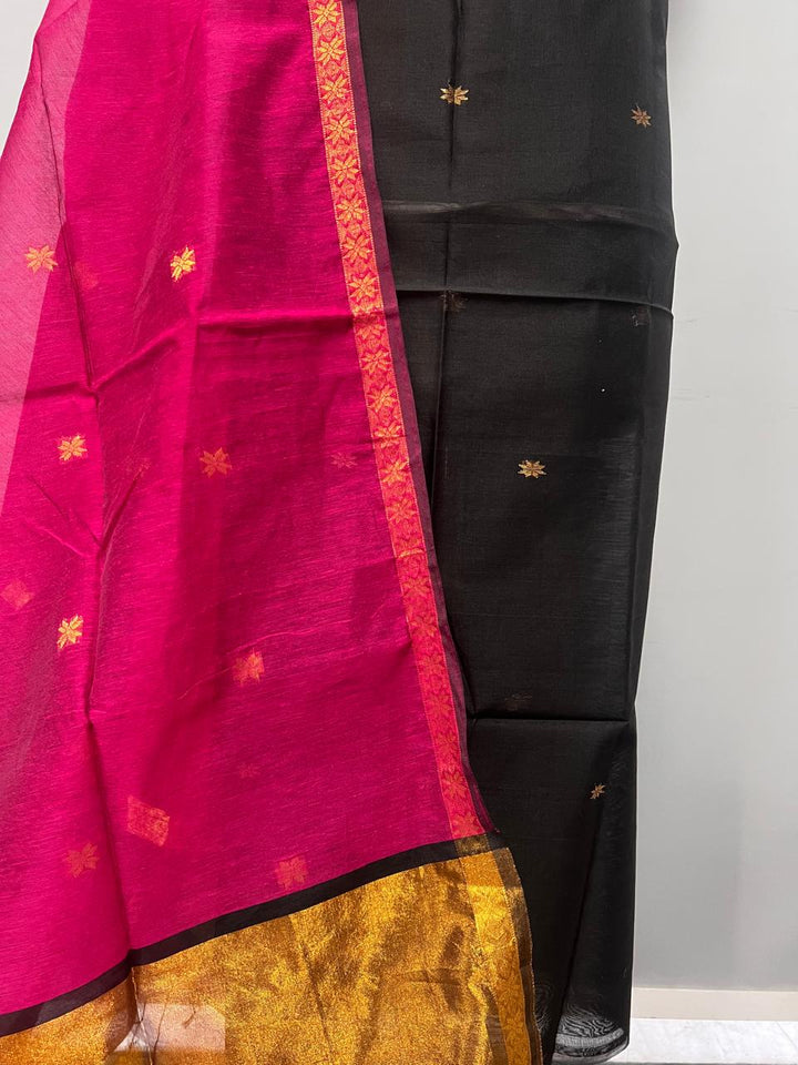 Pure Maheshwari Silk Hand Loom Unstitched Suit.(2pc Set)