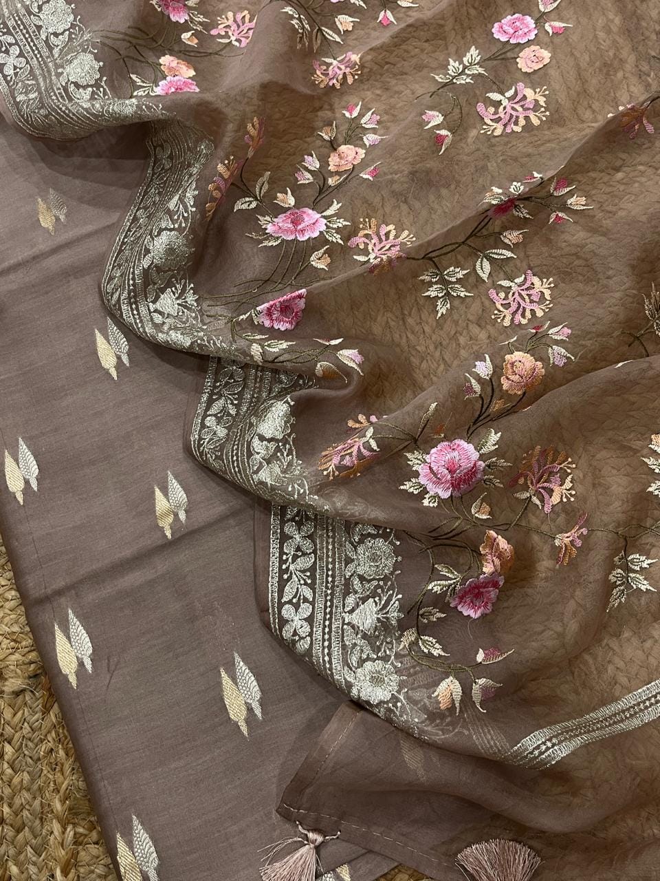 Pure Banarasi Resham Chanderi Silk Unstitched Suit With Organza Dupatta