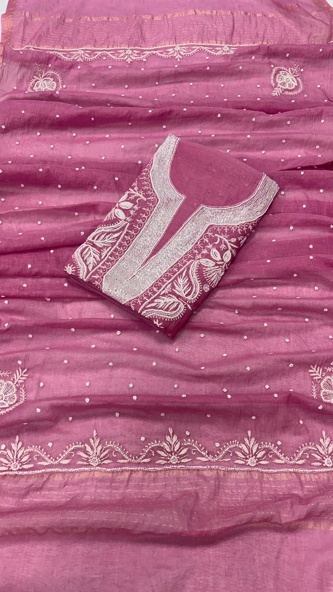 Pure Mul- Mul Chakiankari Work Unstitched Suit with Pearl and Cutdana work