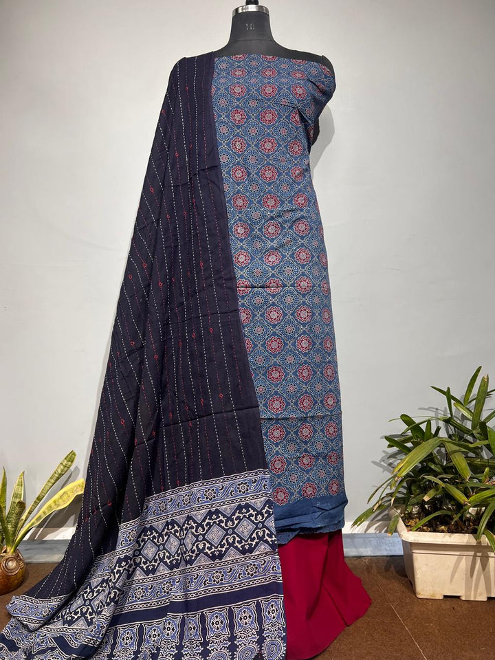 Pure Cotton Azrakh Print Unstitched suit With katha work Dupatta