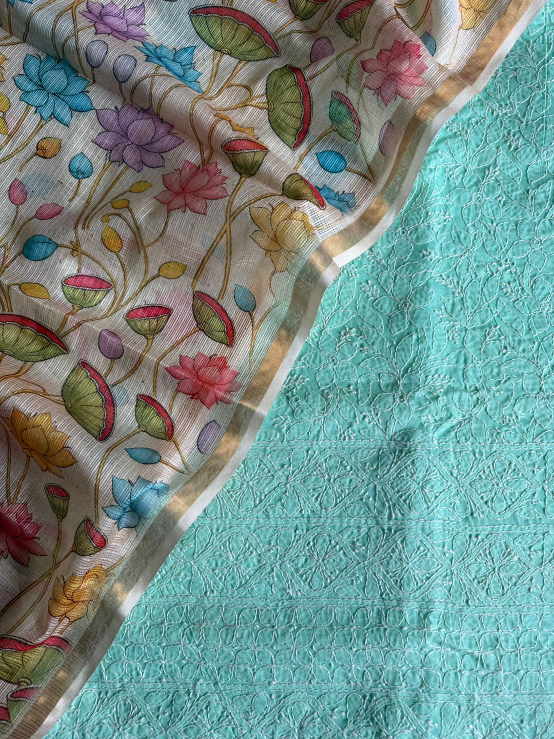 Pure Cotton Chikankari Hand Work Unstitched suit With Kalmkari Kota Doriya Dupatta.(without bottom)