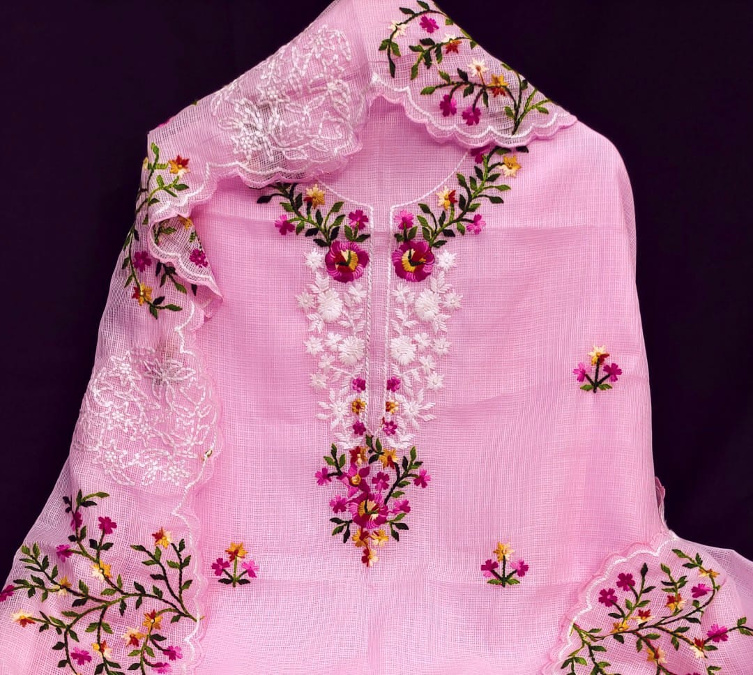 Pure Kota Doria Chikankari Embroidery Work Unstitched Suits With Chikankari Bottom .