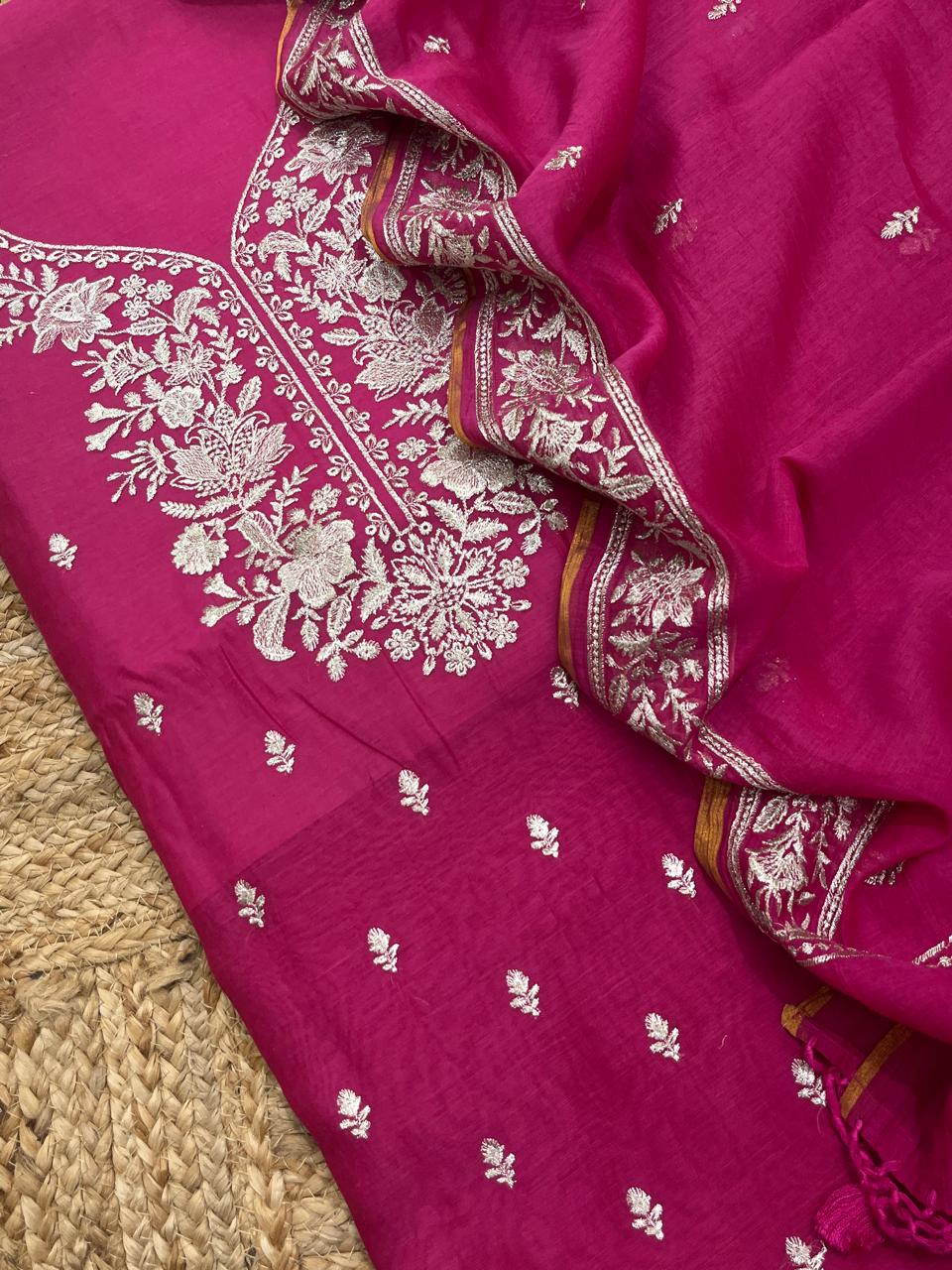 Pure Banarasi Resham Mul Chanderi Silk Embroidery Work Unstitched Suit