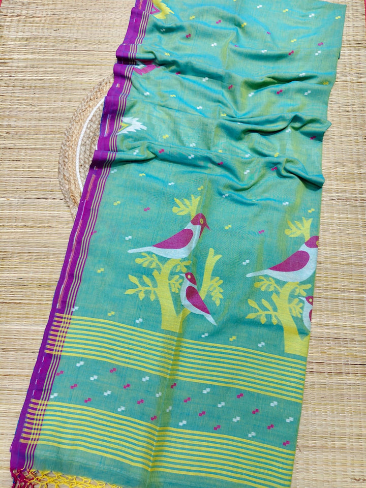 Pure Cotton Handloom Jamdani Bird Motif Saree With Blouse