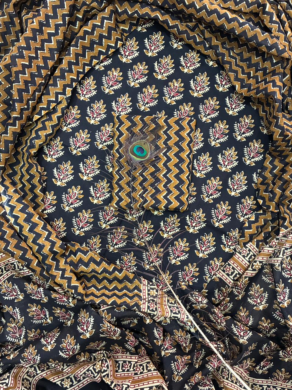 Pure Cotton Hand Block Print Unstitched Suit With Cotton  Dupatta .