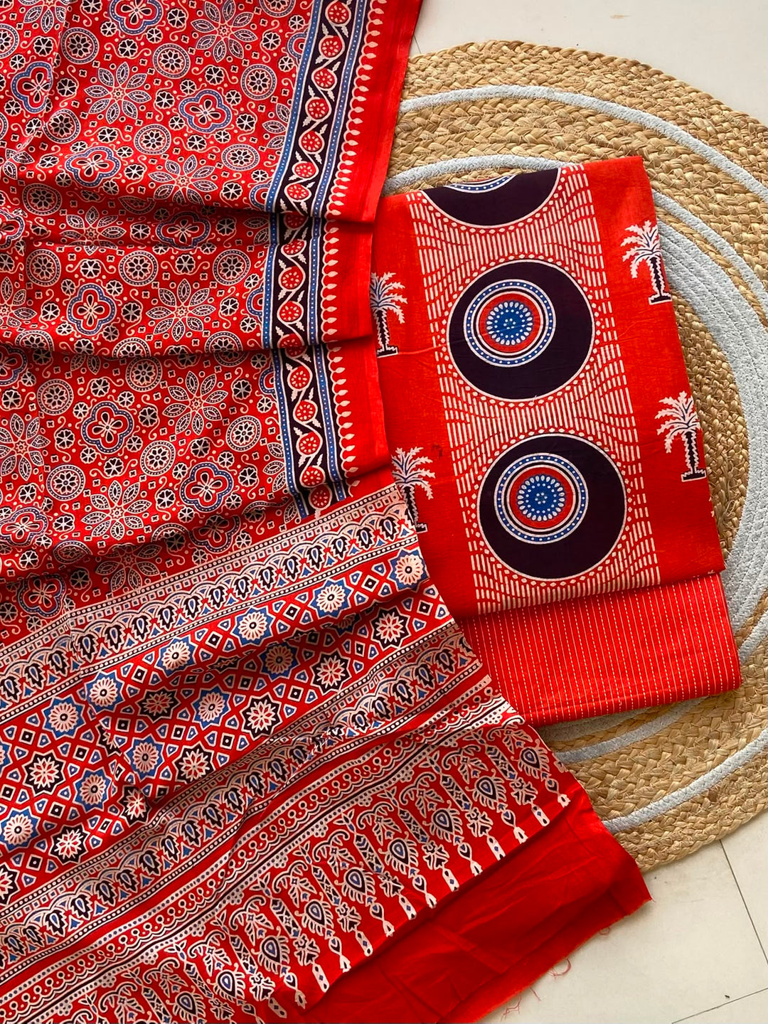 Pure Cotton Azrakh Print Unstitched Suit With  mul cotton  Duppatta