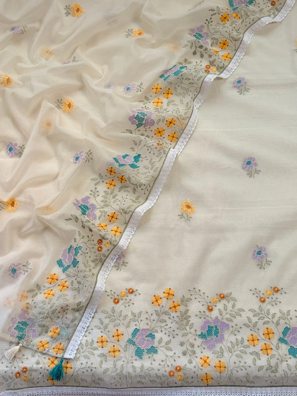 Pure Banarasi Chanderi Silk Embroidery Unstitched Suit With Chanderi Embroidery Dupatta.