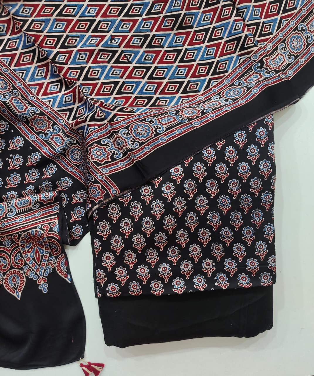 Pure Modal Silk Ajrakh Hand Block  3pc Unstitched Suit