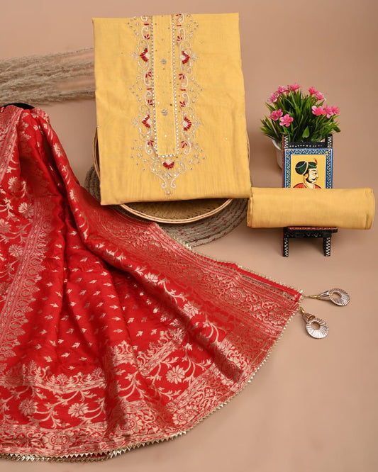 Pure Chanderi Silk Hand Work Unstitched Suit With Dhola Silk Dupatta.