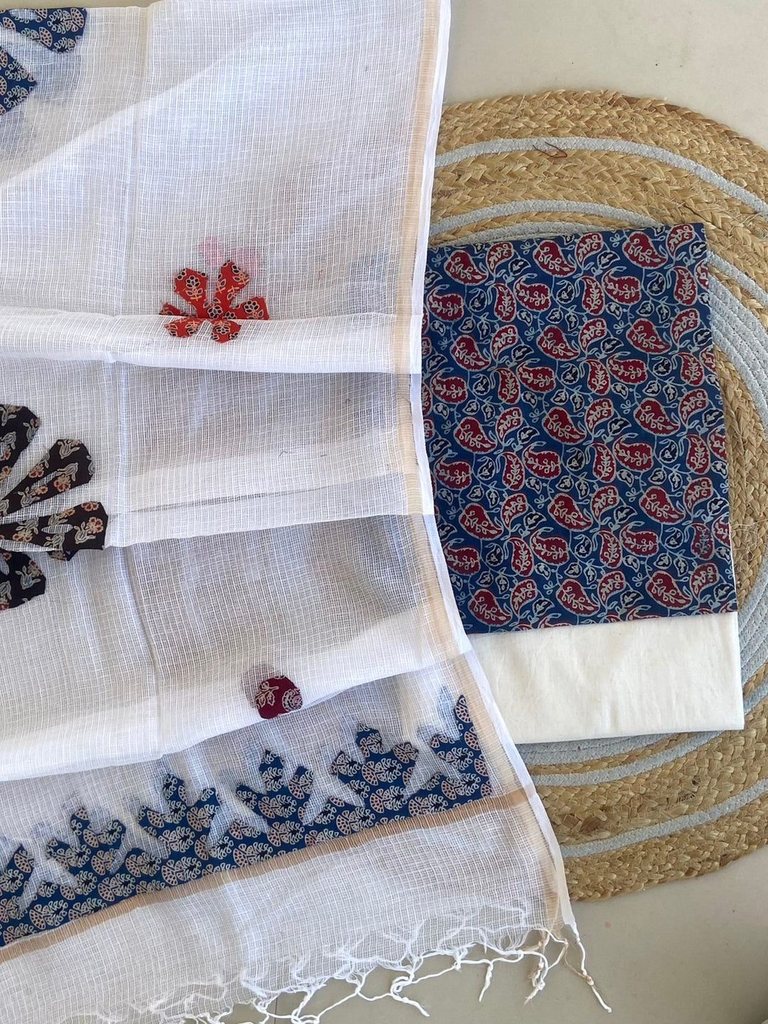 Azrakh Printed Top With Kota Doriya With Hand  Applique Work Dupatta