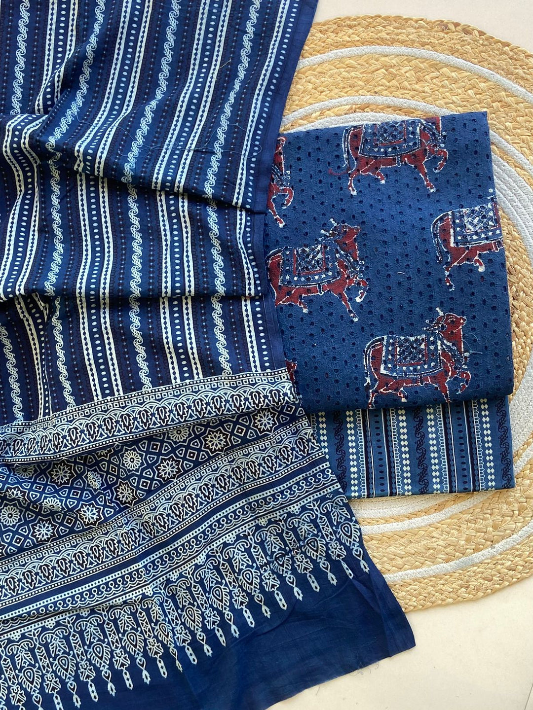 Pure Cotton Azrakh Print Unstitched Suit With  Mul cotton Duppatta