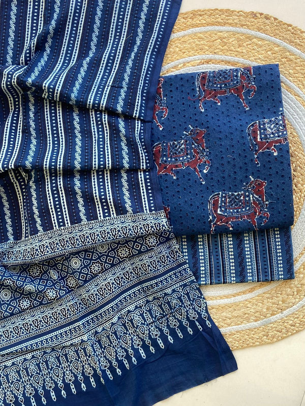 Pure Cotton Azrakh Print Unstitched Suit With  Mul cotton Duppatta