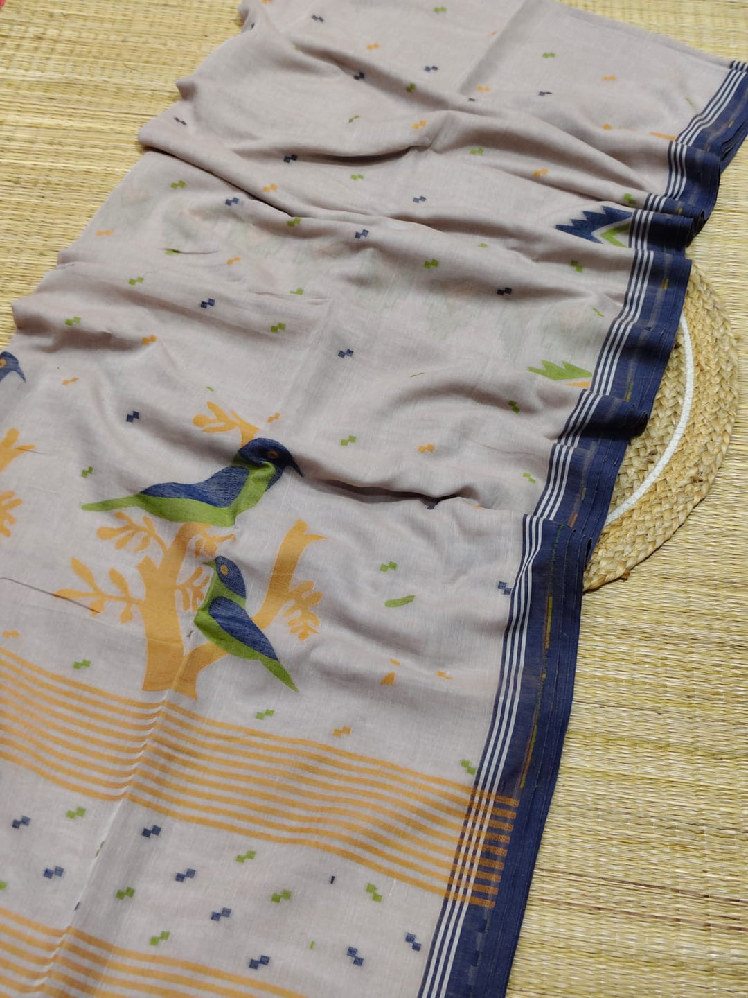 Pure Cotton Handloom Jamdani Bird Motif Saree With Blouse
