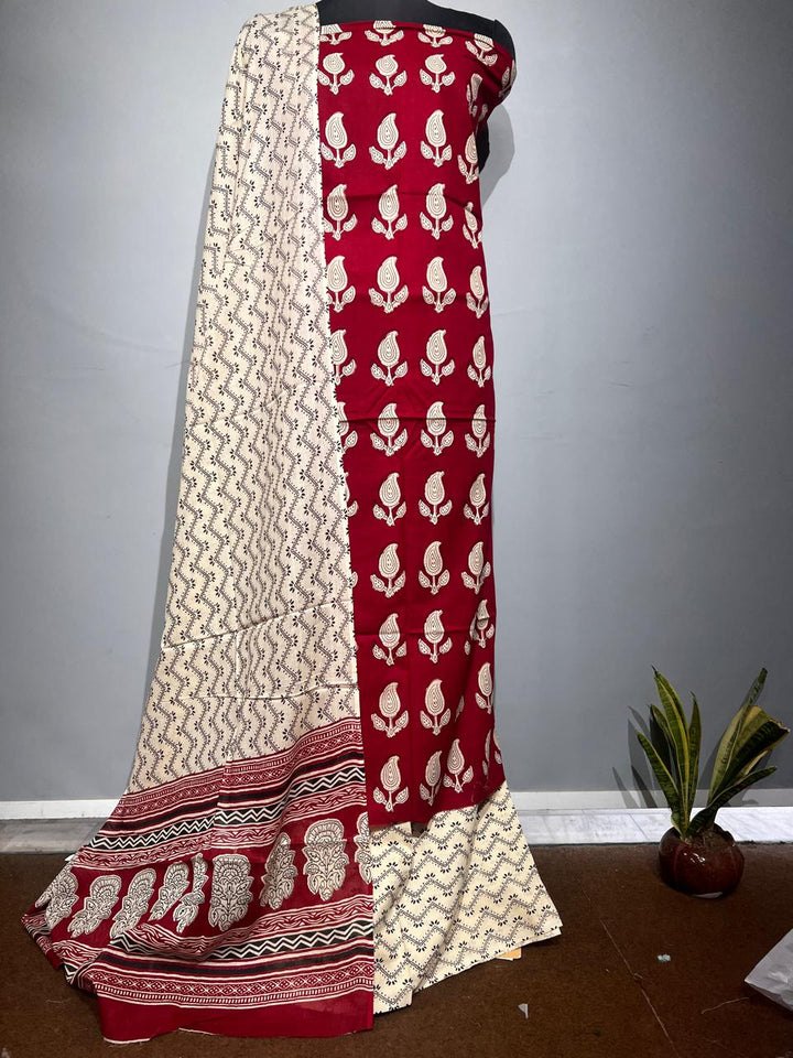 Pure Cotton Hand Block Print Unstitched Suit With Cotton Dupatta