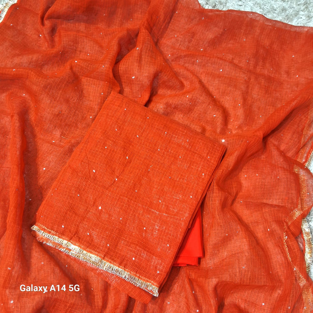 Pure Kota doria 3 pc Unstitched Suit with Mukaish work
