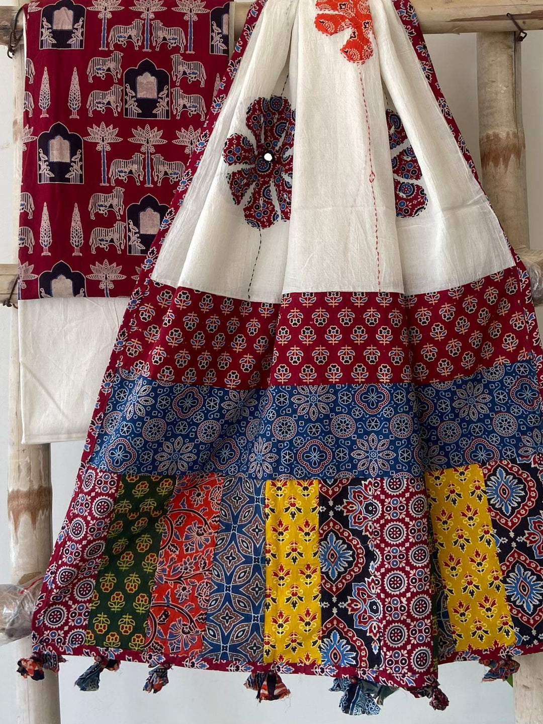 Pure Cotton Azrakh Print Unstitched suit With Hand kantha Work Dupatta