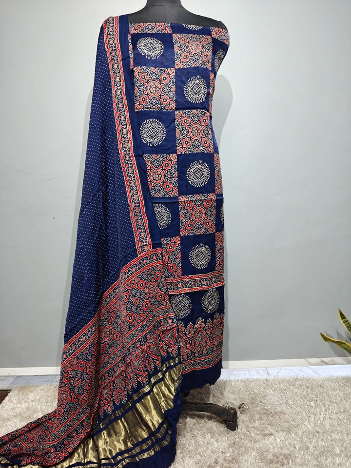 Pure Modal Silk Ajrakh Hend Block Zari Pallu Weaved 3pc Unstitched Suit