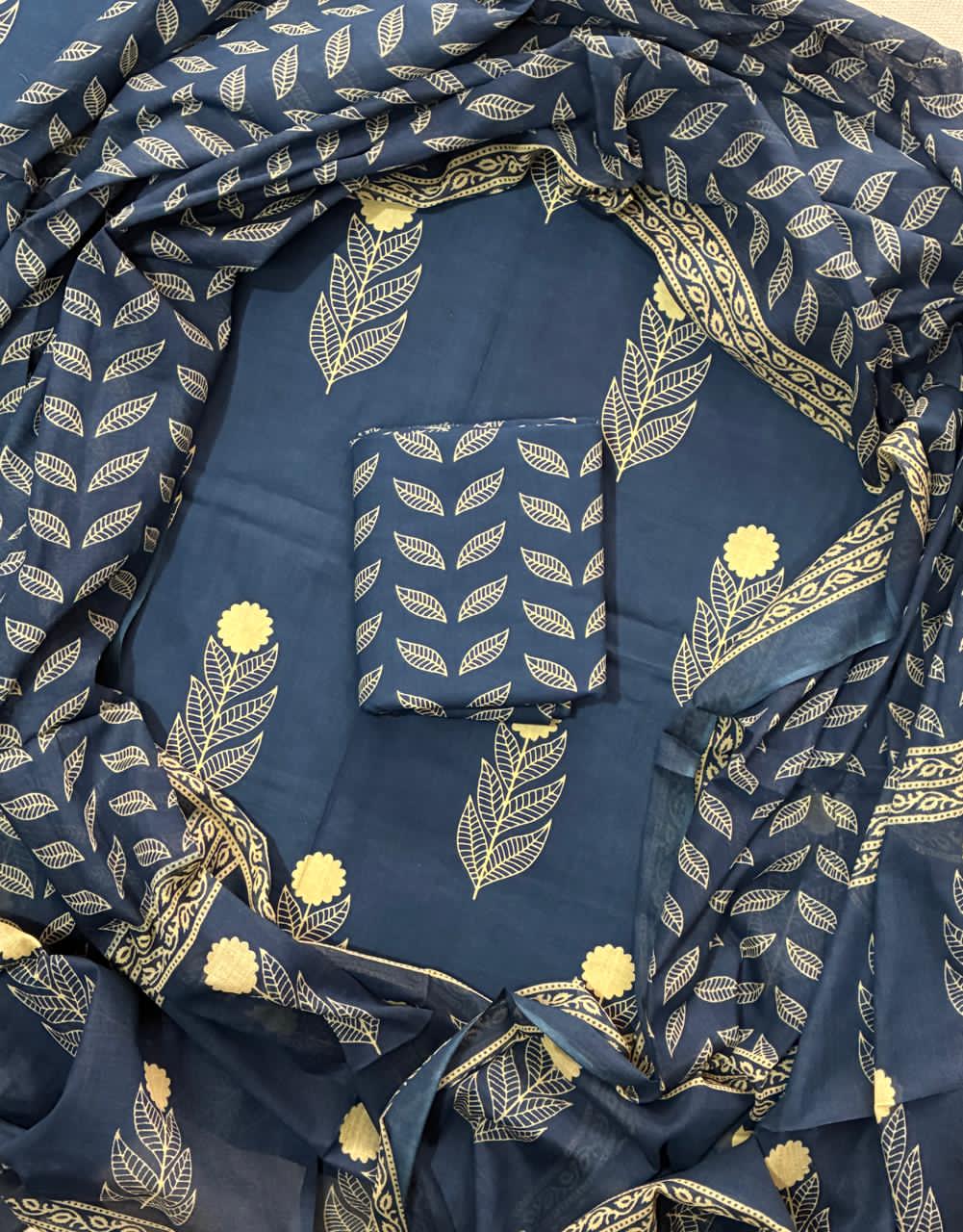 Pure Cotton Hand Block Print Unstitched Suit With Cotton Dupatta