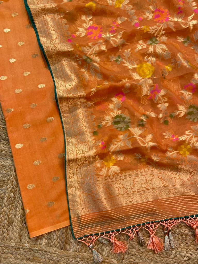 Pure Banarasi Chanderi Silk Buti Work Unstitched Suit With Banarasi Georgette Mina Work Dupatta.