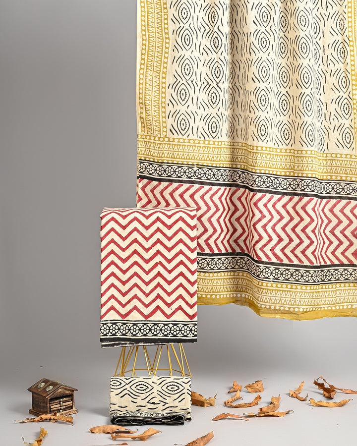 Pure Cotton Hand Block Printed Unstitched Suit Set With Cotton Dupatta .
