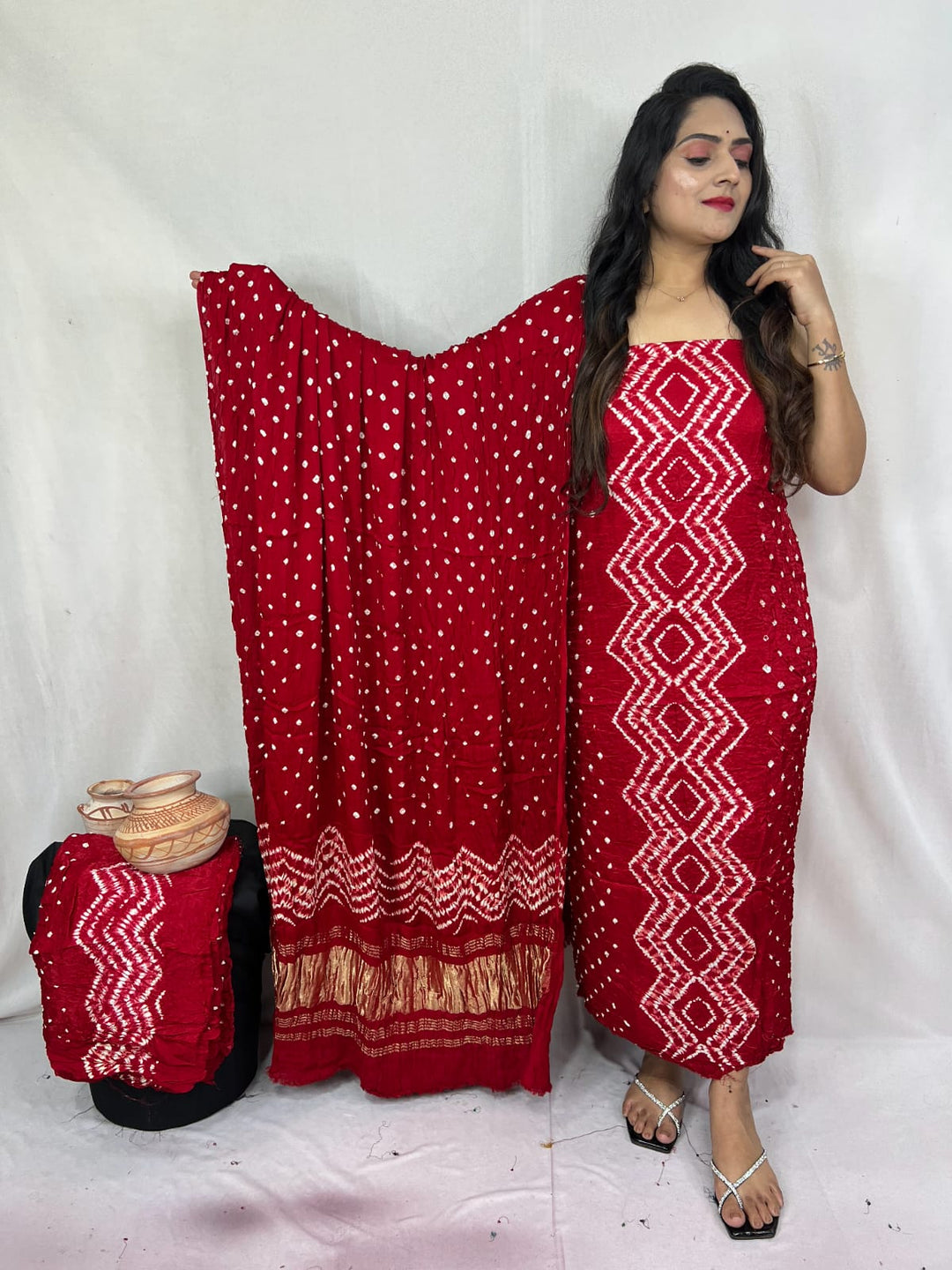 Pure Modal Silk Ajrakh Hend Block Zari Pallu Weaved 3pc Unstitched Suit .