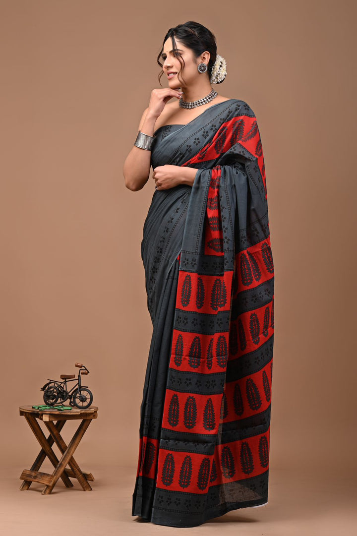 Pure  Mul cotton Hand print saree with Blouse.