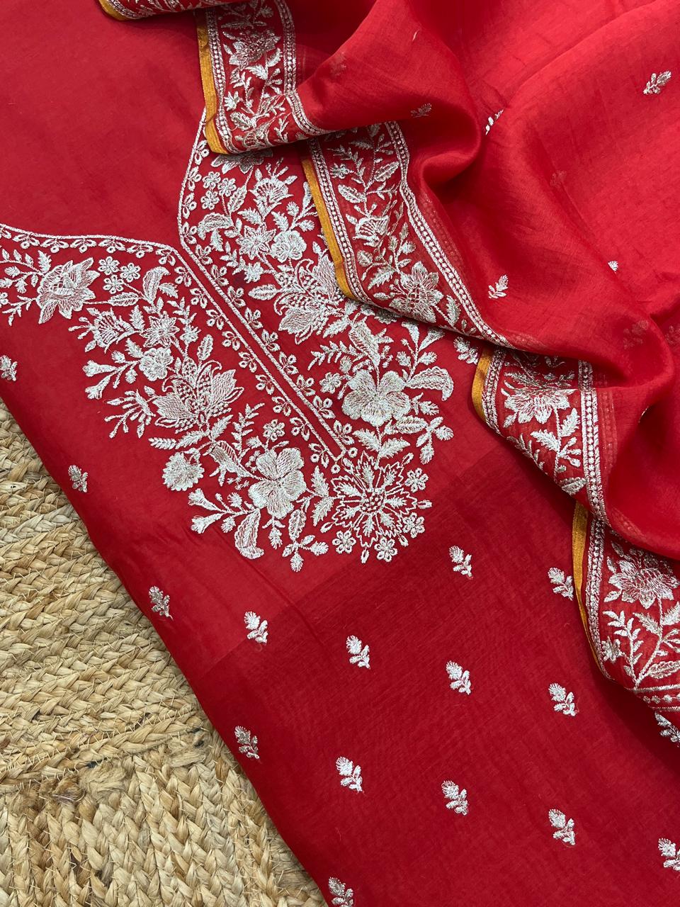 Pure Banarasi Resham Mul Chanderi Silk Embroidery Work Unstitched Suit