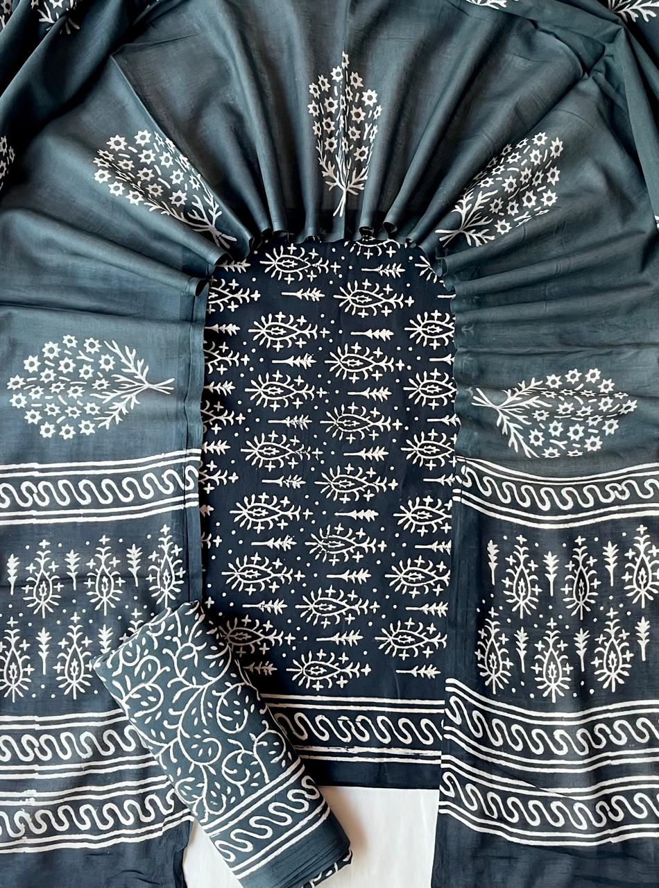 Pure Cotton Hand Block Print Unstitched Suit With Cotton Dupatta