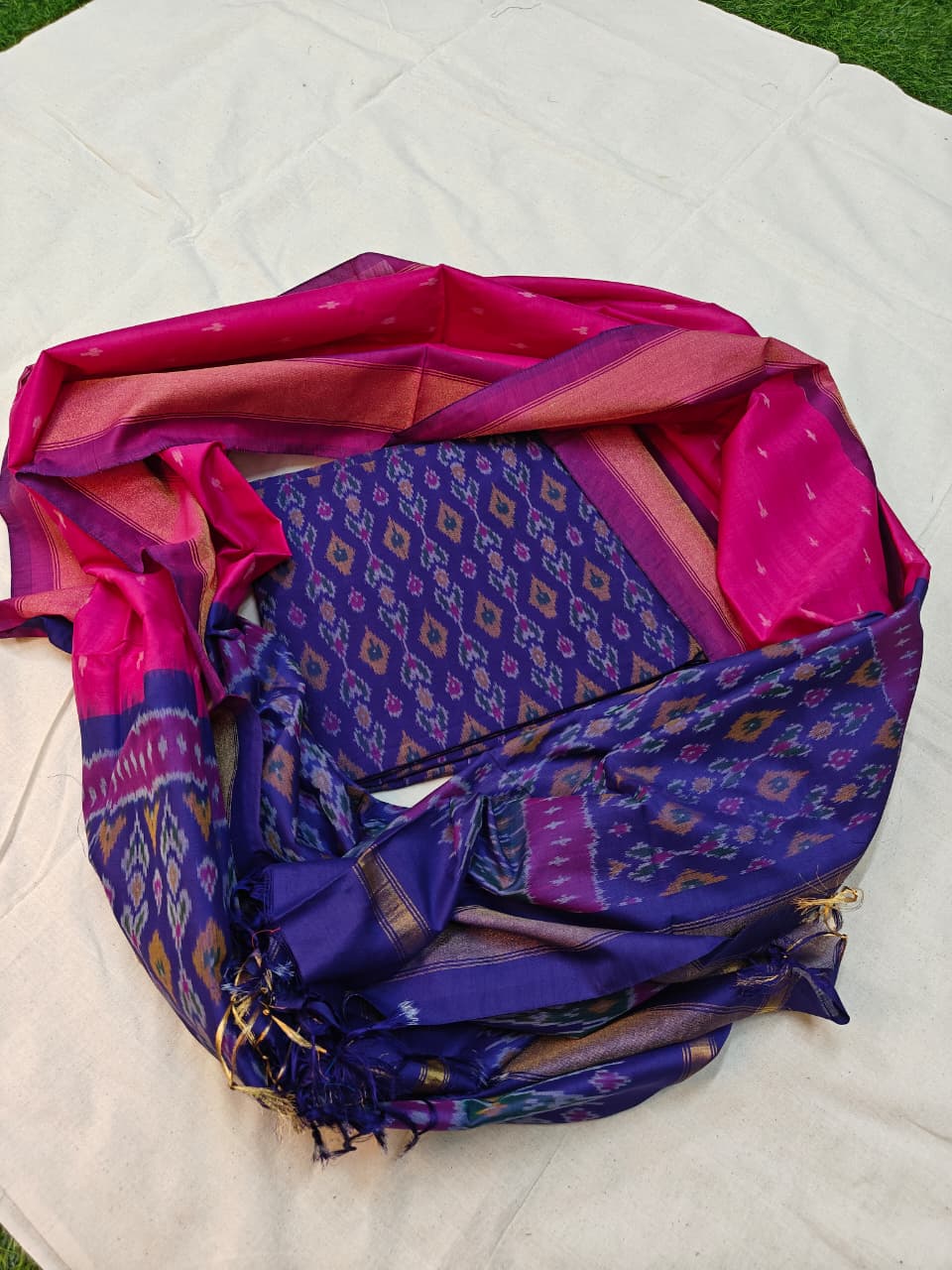 Pure Ikkat Sico Silk Unstitched Suit.