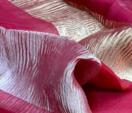 Exclusive Pure Banarasi Chanderi Silk Unstitched Suit with Organza Crushed Tissue Stripe Dupatta