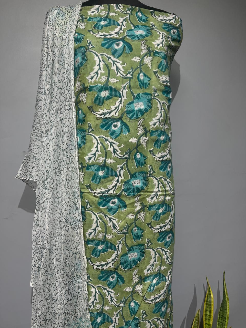 Pure Cotton Hand Block Print Unstitched Suit With Chiffon  Dupatta