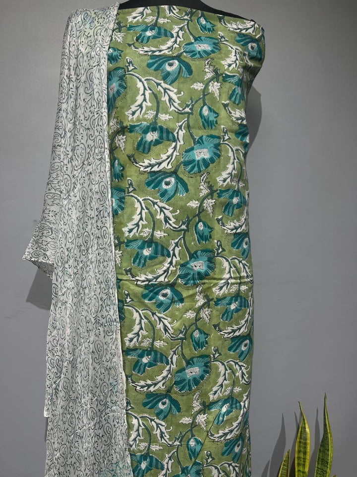 Pure Cotton Hand Block Print Unstitched Suit With Chiffon  Dupatta