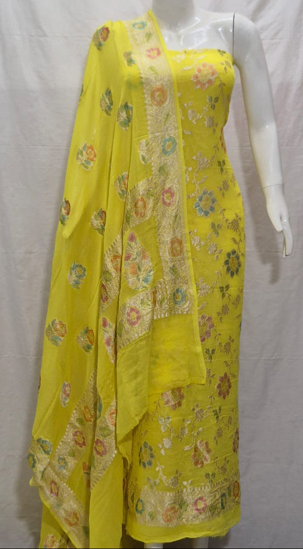 Pure Khaddi Chiffon Unstitched Suit With Water Zari Work.