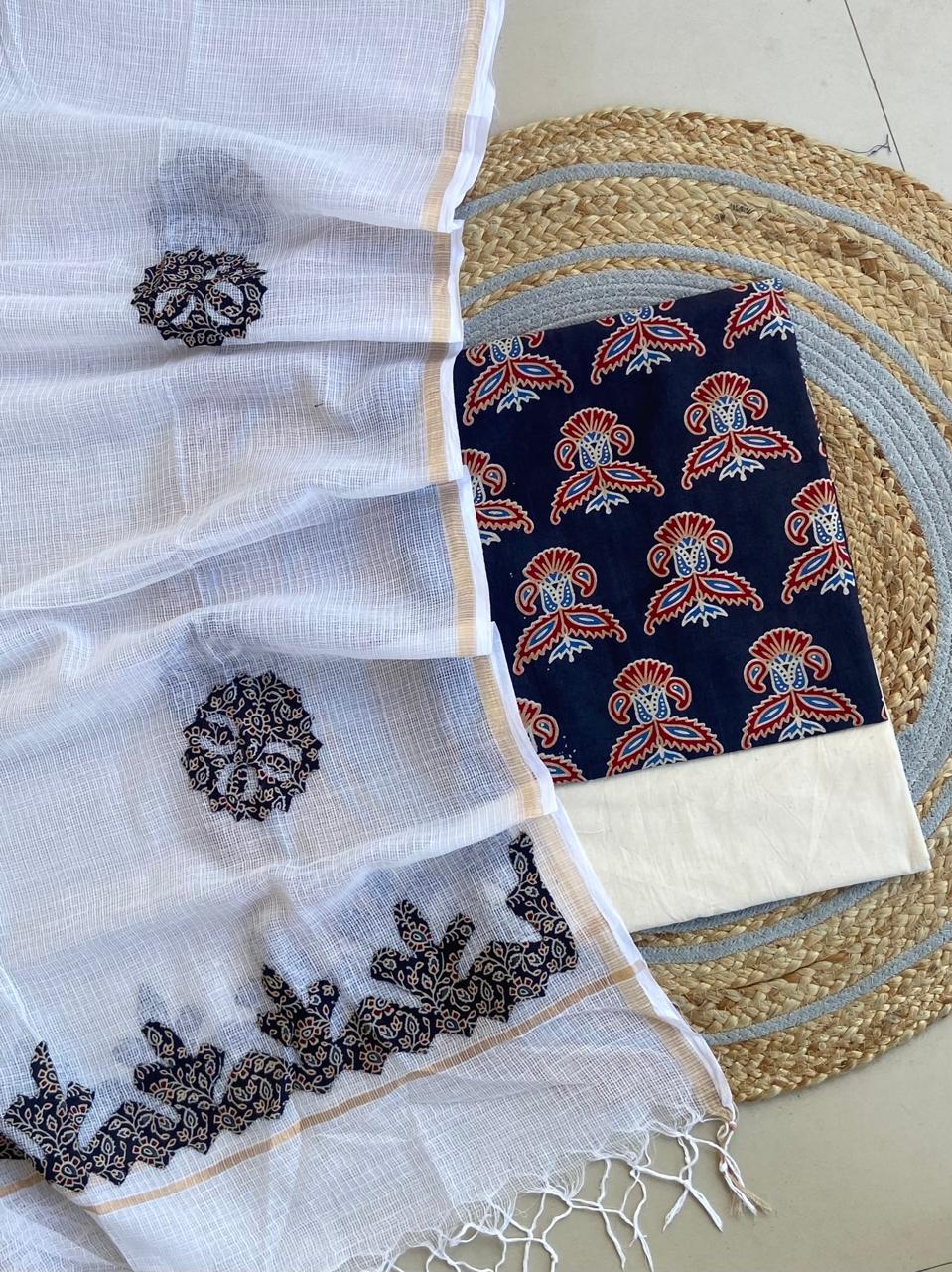 Azrakh Printed Top With Kota Doriya With Hand  Applique Work Dupatta