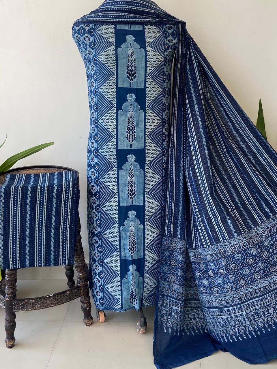 Pure Cotton Azrakh Print Unstitched Suit With  cotton Duppatta