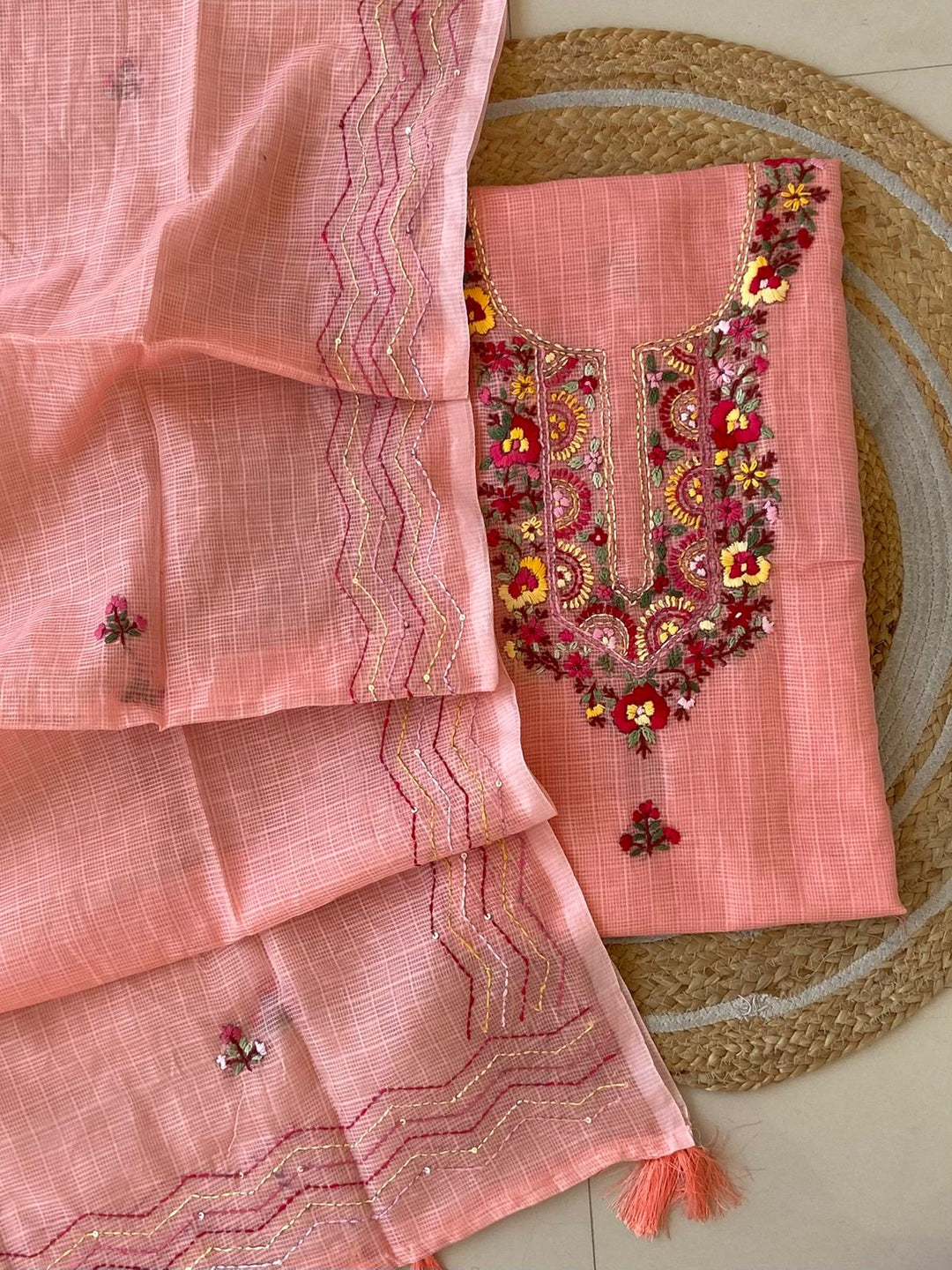 Pure Kota Doriya Silk Kurta And Dupatta With Neck Hand Work Emobroidery Unstitched Suit