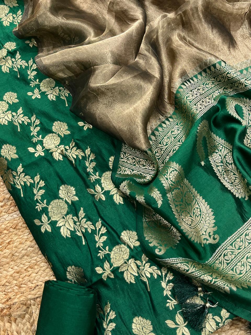Pure Banarasi Chiniya Silk Zari Weaved Unstitched Suit With Chiniya Silk Tissue Zari work Dupatta.